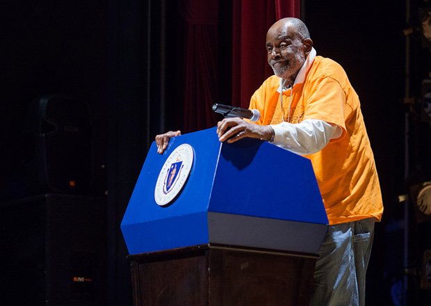 Former state Rep. Mel King speaks during a Black History Month celebration at Roxbury Community College.