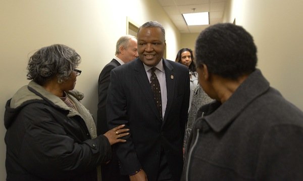 Prince George's County Executive Rushern Baker III (D) tours the Global Vision Community Health Center in Capitol Heights, Md., on Thursday, March 6, during the health center's grand opening.