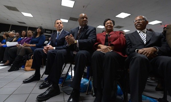 Maryland Lt. Gov. Anthony Brown (D), Prince George's County Executive Rushern Baker III (D), county health officer Pamela Creekmur and county deputy health officer Dr. Ernest Carter were on hand for the grand opening of the Global Vision Community Health Center in Capitol Heights, Md., on Thursday, March 6.