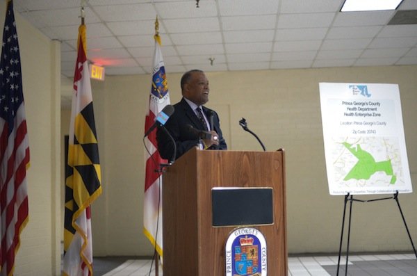 Prince George's County Executive Rushern Baker III (D) speaks during the grand opening of the Global Vision Community Health Center in Capitol Heights, Md., on Thursday, March 6.
