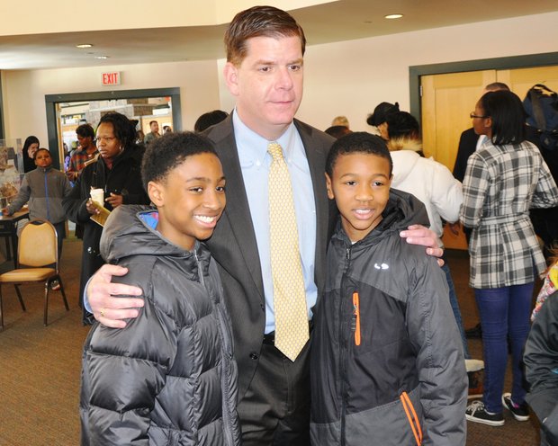 Mayor Martin J. Walsh is shown with Deon Drummond (l) and Kadel Cato during the ParkSCIENCE Winter Children’s Festival hosted by the Boston Parks and Recreation Department at the Franklin Park Golf Clubhouse on Feb. 20. The event was supported by the L.L.Bean Outdoor Discovery School and New England Coffee.