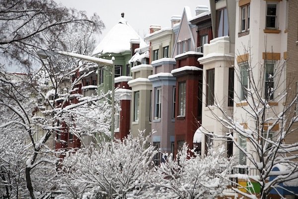 Snow covers the trees in front of row houses on Ontario Road in Northwest D.C., on March 17, 2014, after a winter storm hit the region.