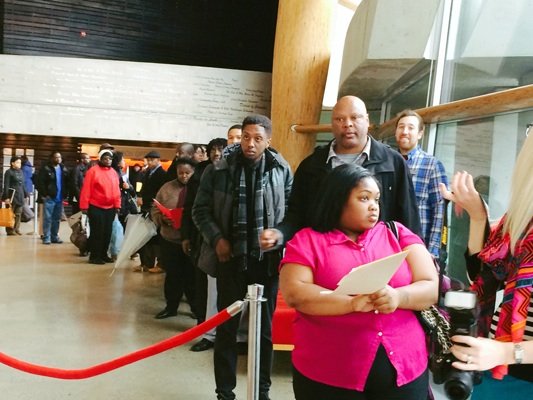 Jasmine Woods, 21, of Southeast is first in line at the D.C. Job Fair on March 28 at the Mead Center for American Theater in Southwest.