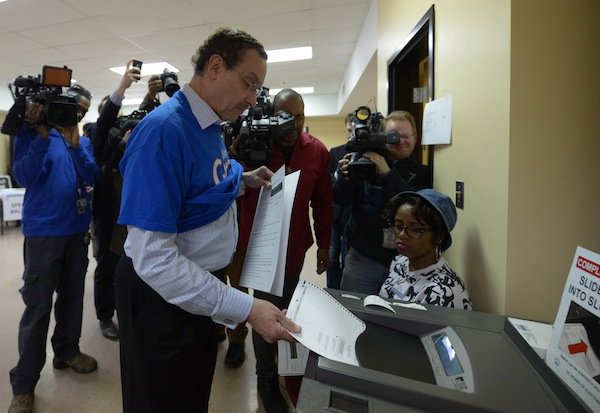 D.C. Mayor Vincent Gray cast his ballot April 1 in the Democratic primary election at his Ward 7 precinct. Gray faces seven candidates in his re-election bid.