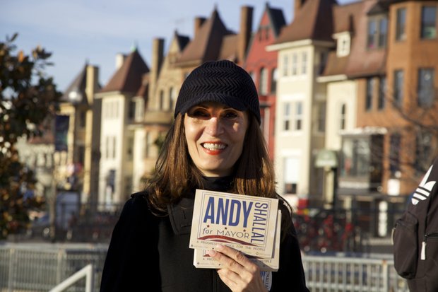 Marjan Shallal, wife of mayoral candidate Andy Shallal, campaigns for her husband at Precinct 24 at the Marie Reed Learning Center in Adams Morgan on Election Day. /Photo by Nancy Shia