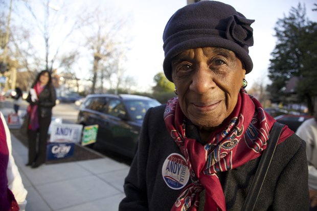 Early morning on Election Day Thelma Bush, 90, is on her way to vote at Goodwill Baptist Church, Precinct 25, in Adams Morgan. Ms. Bush has lived in Adams Morgan since the 1930s. /Photo by Nancy Shia