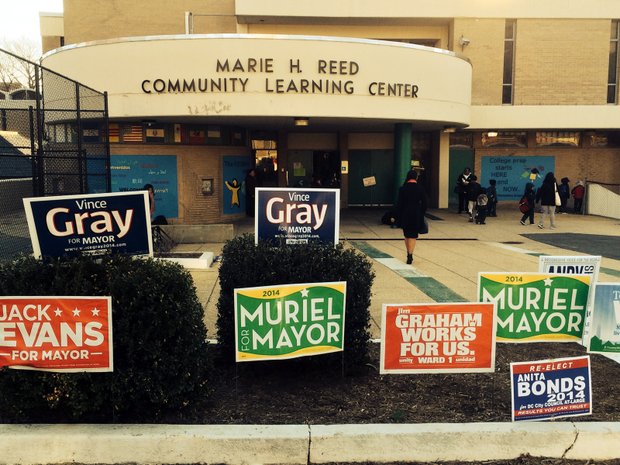 Precinct 24 at the Marie Reed Learning Center on 18th Street in Adams Morgan. Candidates post campaign posters in a designated area and a specified distance from the polling place. /Photo by Nancy Shia