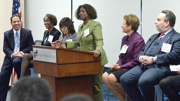 Panelist Bob Rivers, President & COO, Eastern Bank; executive director of multicultural marketing for Blue Cross Blue Shield of Massachusetts Juliette Mayers; Shirley Leung, Globe Columnist; Colette Phillips; former president and CEO of Sonesta Hotel and founder of 20/20 Women on Corporate Boards Stephanie Sonnabend; Ferdinand Alvaro, partner in charge of Boston office of Gonzalez, Saggio and Harlan, and independent director and trusted advisor Boards and the C-Suite Lucinda Doran.