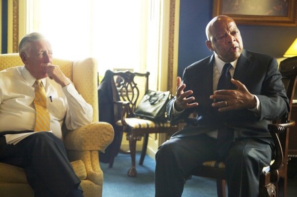 Democratic Reps. Steny Hoyer of Maryland (left) and John Lewis of Georgia speak with reporters in the office of the House Minority Whip in D.C. on June 26, 2014.