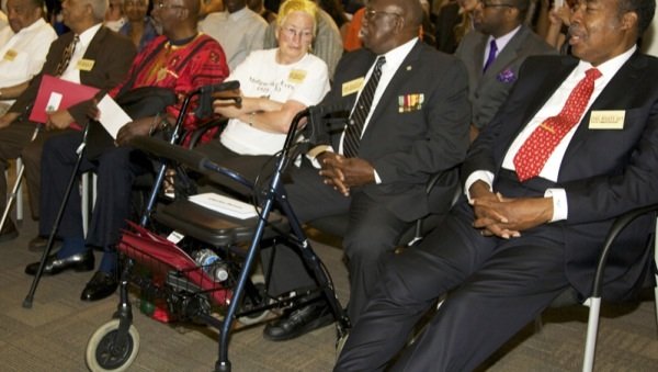 From left: Freedom Riders Dion Diamond, Rev. Reginald Green, John Moody, Joan Trumpauer Mulholland, Charles Person and Hank Thomas sit in the front row during a June 2 ceremony at a U.S. Department of Education facility in Richmond, Virginia, to commemorate the 50th anniversary of the Civil Rights Act.