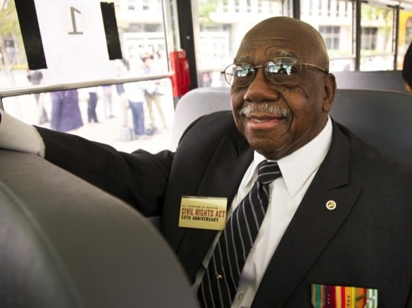 Freedom Rider Charles Person waits aboard a bus headed to Richmond, Virginia, for a June 2 ceremony to commemorate the 50th anniversary of the Civil Rights Act.