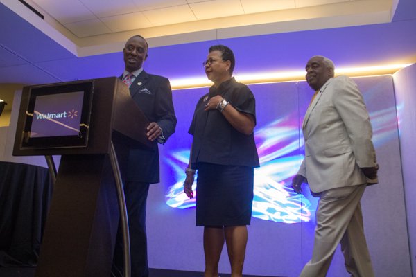 U.S. Black Chambers, Inc. President and CEO, Ron Busby (left) introduce L&L Consulting Founder and President, Marie Johns (center) with California Black Chamber of Commerce President & CEO, Aubrey Stone at the U.S. Black Chambers School of Chamber and Business Management luncheon held at the new Black-owned Marriott Marquis in Northwest on Thursday, July 10.