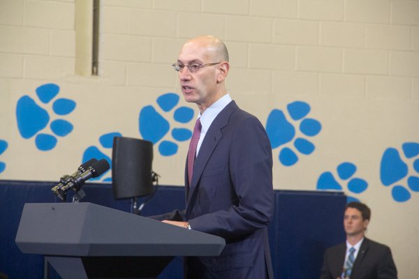 NBA Commissioner Adam Silver participates in the town hall for the White House's "My Brother's Keeper" initiative held at Walker Jones Education Center on Monday, July 21.