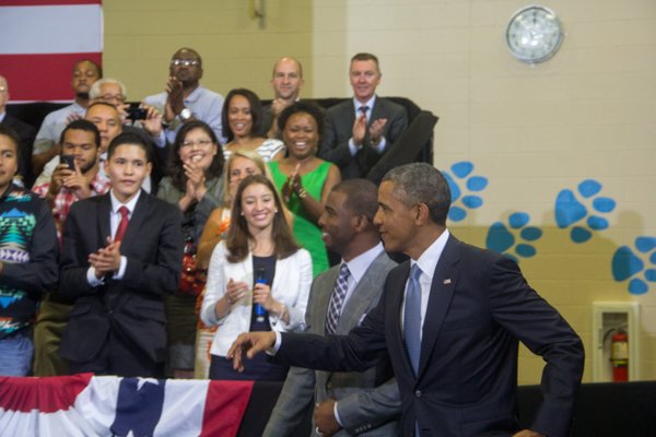 President Obama speaks at the town hall for the White House's "My Brother's Keeper" initiative held at Walker Jones Education Center on Monday, July 21.