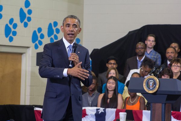 President Obama speaks at the town hall for the White House's "My Brother's Keeper" initiative held at Walker Jones Education Center on Monday, July 21.