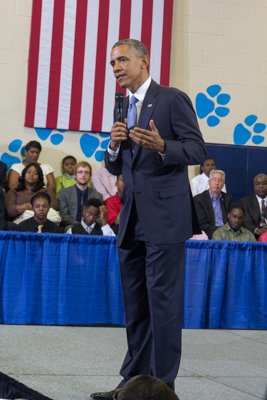 President Obama speaks at the town hall for the White House's "My Brother's Keeper" initiative held at Walker Jones Education Center on Monday, July 21.