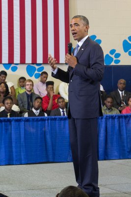 President Obama speaks at the town hall for the White House's "My Brother's Keeper" initiative held at Walker Jones Education Center on Monday, July 21.