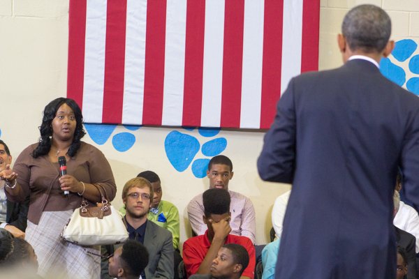President Obama answers audience questions at the town hall for the White House's "My Brother's Keeper" initiative was held at Walker Jones Education Center on Monday, July 21.