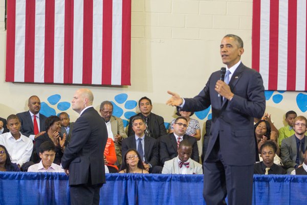 President Obama speaks at the town hall for the White House's "My Brother's Keeper" initiative held at Walker Jones Education Center on Monday, July 21.