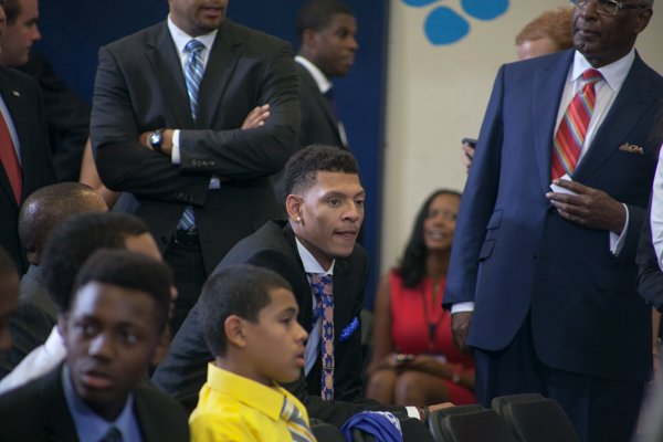 Isaiah Austin, who missed out on being drafted this year when he was diagnosed with Marfan Syndrome attends the town hall for the White House's initiative, "My Brother's Keeper," held at Walker Jones Education Center in Northwest on Monday, July 21.
