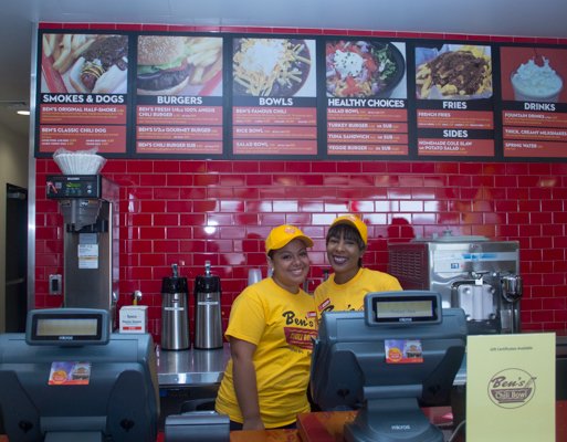 Employee staff at Ben's Chili Bowl's opening of the newest location at National Airport in Arlington, Va., on Wed., July 23.
