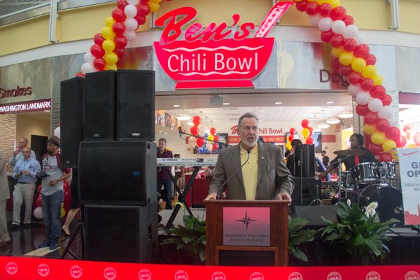 Bernard Demczuk, Master of Ceremonies for the celebration of Ben's Chili Bowl's newest location at National Airport in Arlington, Va., on Wed., July 23.