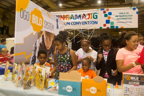 Mendran Public, Laiyla Mitchell, Kierra Willard and Kennedy Swann at the children's construction activity exhibit, Ogo Bild, during the Thingamajig Conference hosted by the YMCA of Metropolitan Washington at Show Place Arena in Upper Marlboro, Md., on Thurs., July 24.