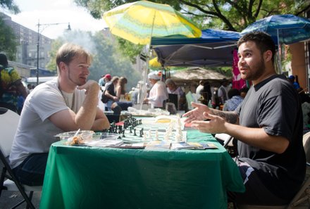 Guy on the right: "I dont know. I just walked up and started playing." #HarlemWeek (08/17/2014)