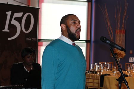 Murvyn Cannady, II ('18) sings a stirring rendition of the spiritual, "Deep River," accompanied by BSU Professor of Music Latonya Wrenn.