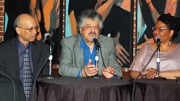 (l-r) Kenneth J. Cooper, photographer Don West, and Abika Abaka, discuss the history of Portraits of Purpose
On Tuesday, February 24th, Darryl’s Corner Bar & Kitchen (DCBK) hosted a celebration of black leadership attended by over 100, with a two part presentation and discussion as part of its annual Black History Month series. The first part showcased photographer Don West’s 20 year dream, his book - Portraits of Purpose: A Tribute to Leadership wordsmithed by Pulitzer Prize winning journalist Kenneth J. Cooper. The Author’s Talk was moderated by artist and playwright Abika Abaka. Part Two was a lively and informative panel discussion featuring community leaders: former state transportation chief Richard Taylor, who heads The Taylor Smith Group and Suffolk University’s Center for Real Estate, Robert Lewis, Jr. founder and CEO of The BASE, Malia Lazu, Co-founder and executive director of Future Boston Alliance, and former state Senator Dianne Wilkerson, now president of EverRox Corporation, and moderated by media and political strategist, Joyce Ferriabough-Bolling.