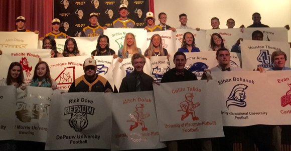 Joliet West honored the 26 students who have committed to play sports at colleges next year. Joliet West honored the 26 students who have committed to play sports at colleges next year.