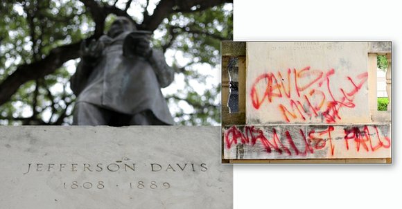 Protestors have defaced the statue of Jefferson Davis on the University of Texas campus, most recently with the words “Davis ... Protestors have defaced the statue of Jefferson Davis on the University of Texas campus, most recently with the words “Davis ...