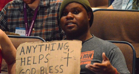 “Will work for food,” “Why lie? Need money for weed,” “Sorry for being a bum.” “Will work for food,” “Why lie? Need money for weed,” “Sorry for being a bum.”