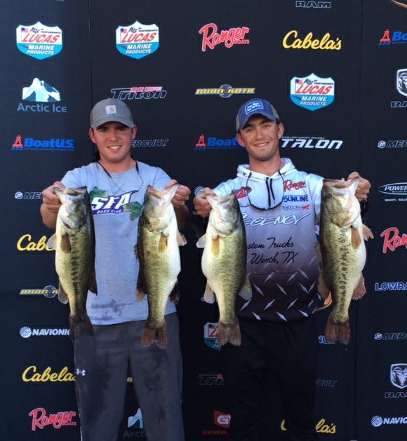 Blake Schroeder and Easton Heigley, college anglers from Stephen F. Austin University, brought 27.06 pounds of bass to the scales ... Blake Schroeder and Easton Heigley, college anglers from Stephen F. Austin University, brought 27.06 pounds of bass to the scales ...
