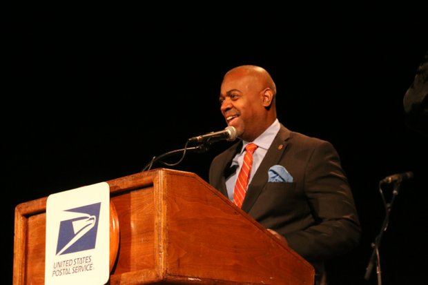 Newark Mayor Ras J. Baraka spoke during the Sarah Vaughan Postal Stamp Unveiling Ceremony at Symphony Hall in Newark.