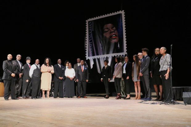 Family and friends of Newark native and world-renowned jazz singer Sarah Vaughan stood onstage at Newark Symphony Hall as the U.S. stamp of Sarah Vaughan was initially unveiled to the public.