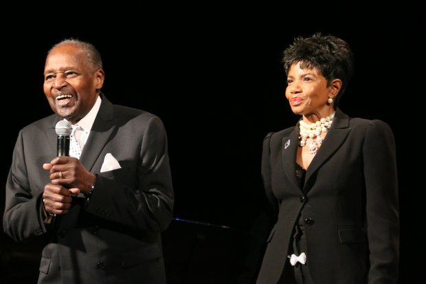 Appearing very healthy, 100-year-old pianist Clement “Clem” Moorman, the stepfather of singer Melba Moore, addressed the audience at Newark Symphony Hall during the Sarah Vaughan Stamp Ceremony as Moore stood nearby.