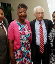 Awardee Wayne Devonish; Katie L. Davis, president, Community Council for Medgar Evers College, Inc.; the first Community Council chairperson, Judge Lewis Douglas; and awardee Celeste Morris