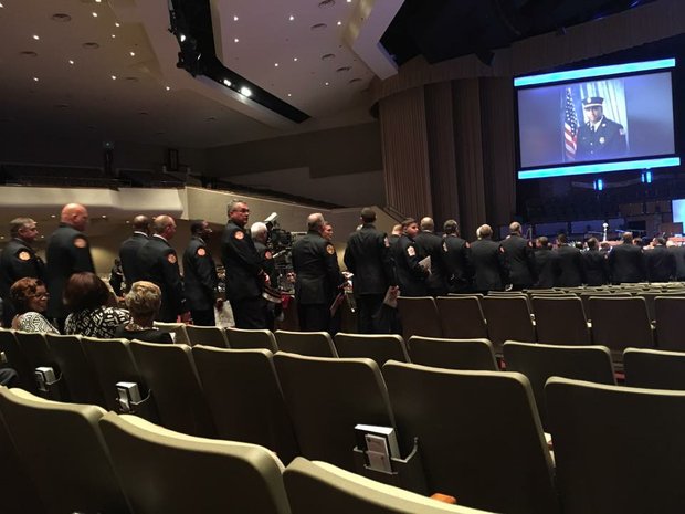 Saluting a hero…
The farewell to Lt. Rodney Eddins was held at Bellevue Baptist Church last Friday. Eddins died April 17 after he collapsed while fighting a fire. His badge of service was presented to his widow by Memphis Fire Department Director Gina Sweat during the service. (Photo: Facebook/ Tajuan Stout Mitchell)