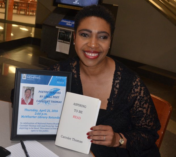 Let’s read…
In Celebration of National Poetry Month, the University of Memphis hosted Carrolet Thomas, a local poet and self-published author of “Aspiring to be Read,” for a Poetry Reading and Book Signing in the McWherter Library Rotunda last Thursday. (Photo: Tyrone P. Easley)