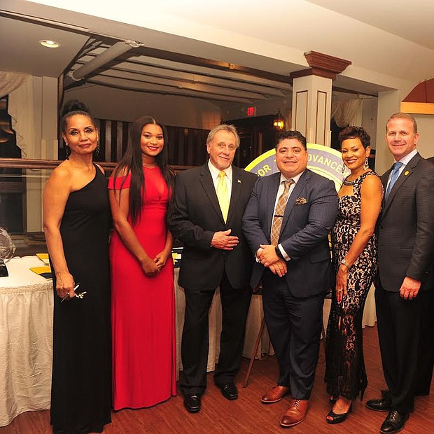 (L-R) Loretta Winters, president, Gloucester County NAACP; Summer Nycole Pierce, awardee;
Frank DiMarco, Gloucester County Freeholder; Dr. Ricardo Perez, awardee; Kimberly Spencer, awardee; Dan Christy, Freeholder; Jim Jefferson, Freeholder; and Rev. Charles F. Boyer, awardee. -- Photo by Velvet S. McNeil/VelvetMultimedia.com