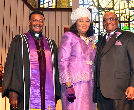 Annual Day…
The Rev. Dr. Melvin Charles Smith (left), pastor of Mt. Moriah-East Baptist Church, was the messenger on Sunday during Mt. Vernon Baptist Church-Westwood’s Annual Day, where the focus was on observing the 60th Pastoral Anniversary of the Rev. Dr. James L. Netters Sr. who is the company of his wife Nedia Netters, and Co-Pastor Melvin D. Watkins Jr. (Photo: Tyrone P. Easley)