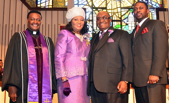 Annual Day…
The Rev. Dr. Melvin Charles Smith (left), pastor of Mt. Moriah-East Baptist Church, was the messenger on Sunday during Mt. Vernon Baptist Church-Westwood’s Annual Day, where the focus was on observing the 60th Pastoral Anniversary of the Rev. Dr. James L. Netters Sr. who is the company of his wife Nedia Netters, and Co-Pastor Melvin D. Watkins Jr. (Photo: Tyrone P. Easley)