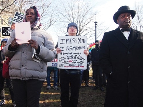 Demonstrators gathered at the Second Church of Dorchester in Codman Square to rally against police brutality before taking to the streets.