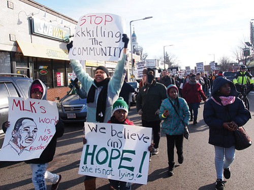 Demonstrators gathered at the Second Church of Dorchester in Codman Square to rally against police brutality before taking to the streets.