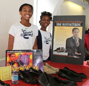 Members of Zeta Phi Beta Sorority, Inc. Amicette's (Youth Group) at the "Shoe Manufacturing" - Jan Matzeliger station. -- Photo by April A. Ward