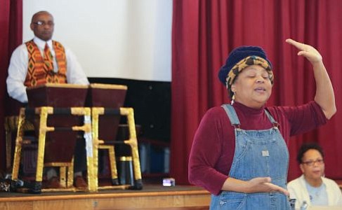 Nationally renowned storyteller, Queen Nur led the crowd in an engagement song describing each of the Inventors highlighted at the Zeta Phil Beta Sorority, Inc Omicron Omicron Zeta Chapter & Williamstown Civic Group, Inc.'s "Making a Way Out of No Way African American Storytelling and Inventors' Museum" event. -- Photo by April A. Ward