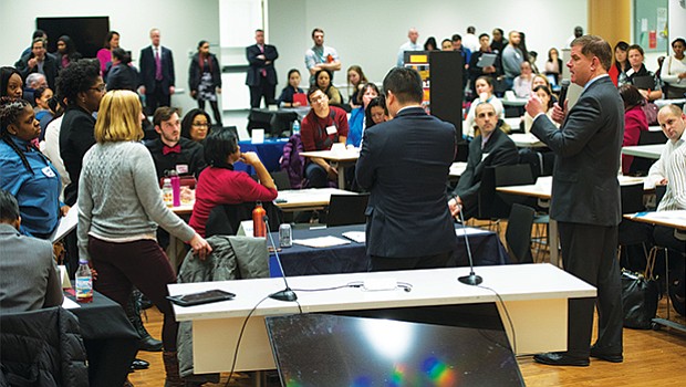 Mayor Martin Walsh offers remarks during the Boston Public School Diversity Fair at the Bolling Building in Roxbury.