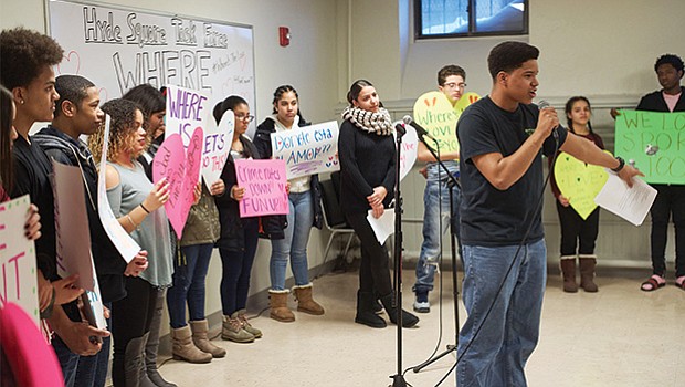 Youth from the Hyde Square Task Force held a rally and press conference last week in Jamaica Plain calling for funding for the Jackson Square Recreational Facility, a planned skating rink and indoor sports field. The Urban Edge CDC has raised $13 million for the facility, but would need another $8 million to complete the project.