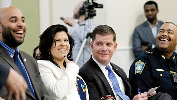 Chief of Civic Engagement Jerome Smith, Alejandra St. Guillen, director of the Mayor’s Office for Immigrant Advancement and Mayor Martin Walsh address concerns and answer questions at the Islamic Center of Boston during a town hall-style meeting focusing on issues facing the immigrant community of Boston.